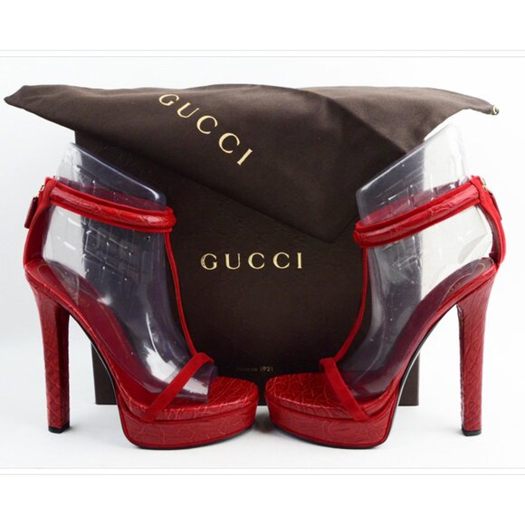 GUCCI SHOES LEIGHT CROCODILE LEATHER T-STRAP PLATFORM SANDALS sz 37.5 7.5 - Picture 2 of 8